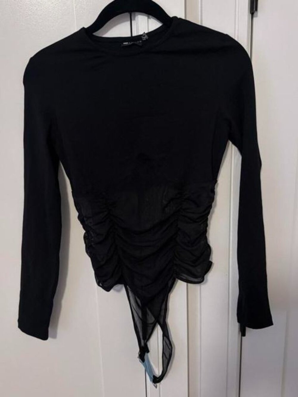 Black long sleeve bodysuit with ruched mesh detail